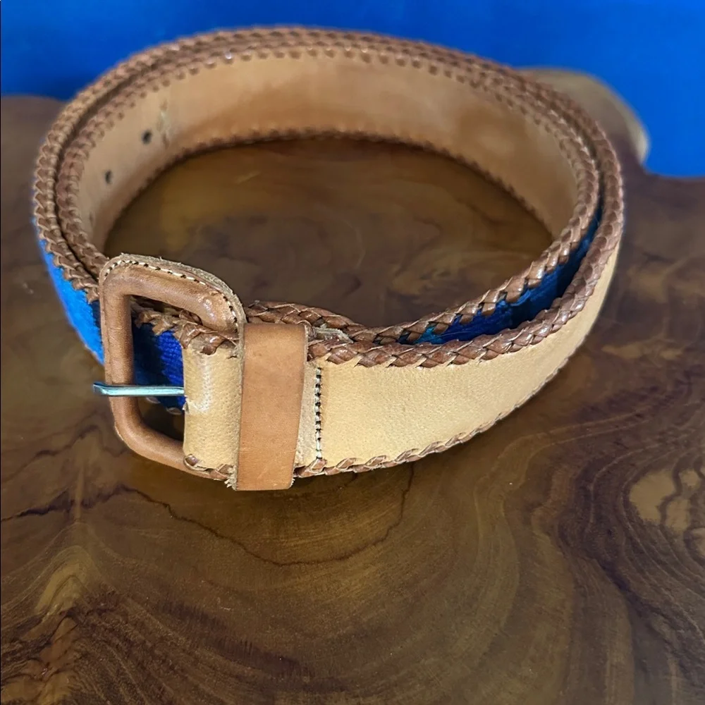 Women’s Handmade Leather Blue & Black Woven Belt Size 36